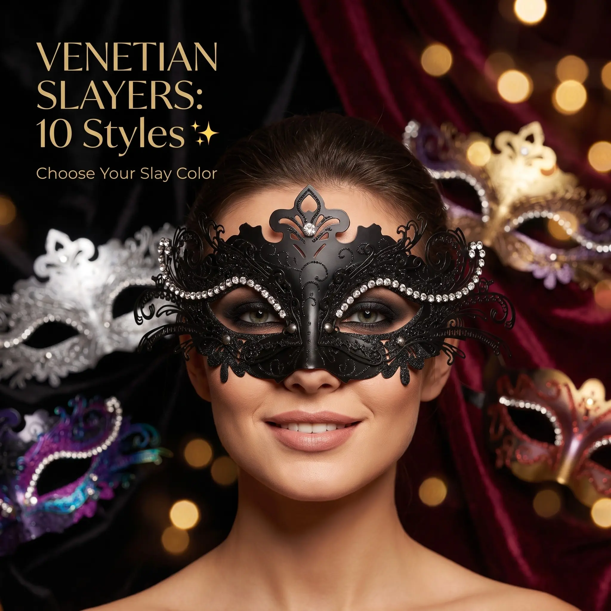 1PC Luxury Masquerade Mask - Laser Cut Metal & Rhinestone Venetian Party Mask (10 Colors)