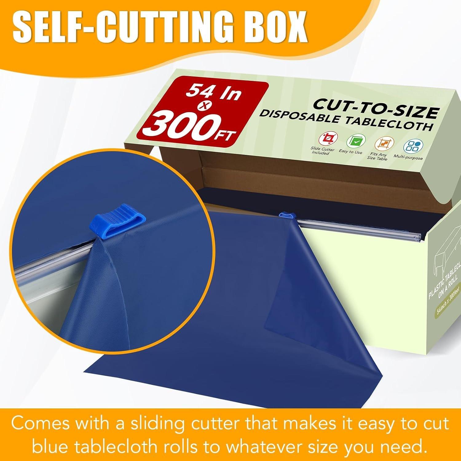 54 in X 300 FT Blue Plastic Table Cover Roll with Slide , Cuts Up to 36 Rectangle 8  Disposable Plastic Table Cloths, Disposable Table Cover Roll for Dinning, Parties, BBQ, Wedding, Outdoor