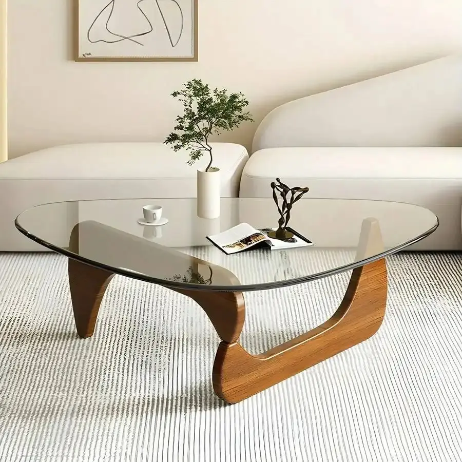 Triangular Transparent Glass Coffee Table with Sturdy Walnut Wooden Base - Abstract Look Coffee Table Decor, Mirrored Console with Marble Inlay, Mobile Standing Desk with Wheels for Living Room, Office