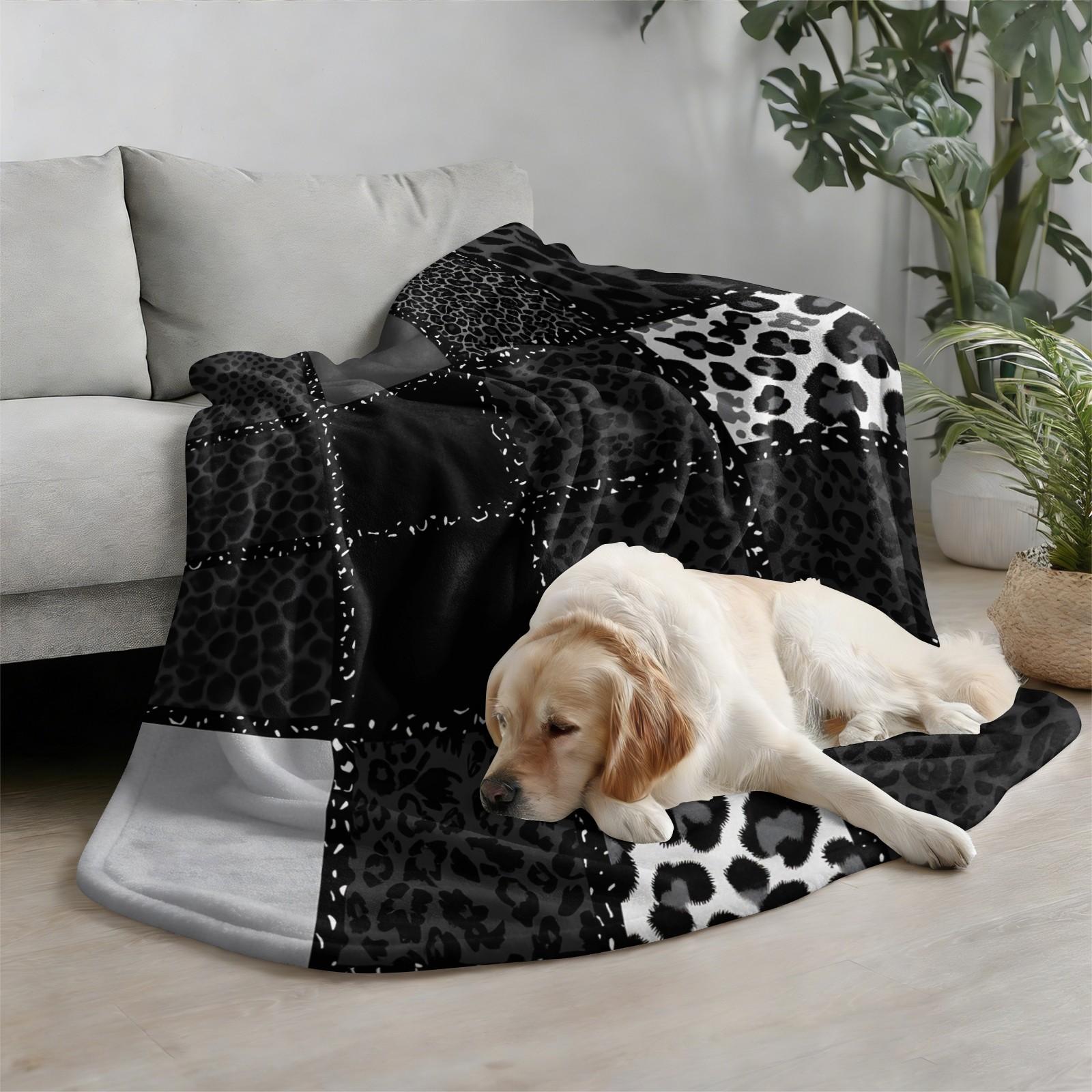 Dark Y2K Leopard Spliced Print Flannel Throw Blanket, Lightweight, Soft And Breathable, Cozy Throw Blankets. Black-Gray Cheetah Print Works For Sofas, Dorms, Travel And Camping. Delivers Cool Personal Charm, Trendy All-Season Blanket