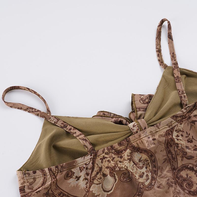 Vintage Walnut Flower Print Mesh Halter Top, Contrast Lace, Sleeveless, Irregular Hem, Y2K Aesthetic, Slim Fit, All Seasons, Cropped Cami Top