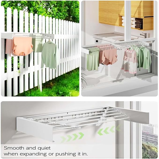 Wall Mounted Clothes Drying Rack 40" Folding Laundry Drying Rack Wall Mount with 6 Aluminum Rods for Maximum Space-Saving Efficiency Collapsible Hanging Rack for Bathroom Laundry