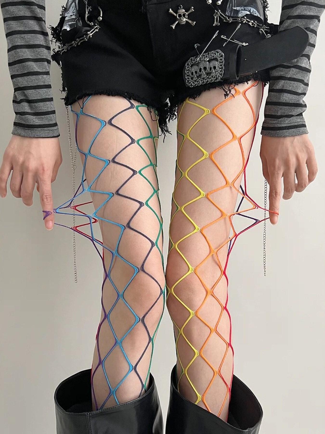 Y2K Boho Mesh Stockings, Rainbow Color Grid Patchwork Fishnet Pantyhose, Fitted Style, Women's Fashion Accessories