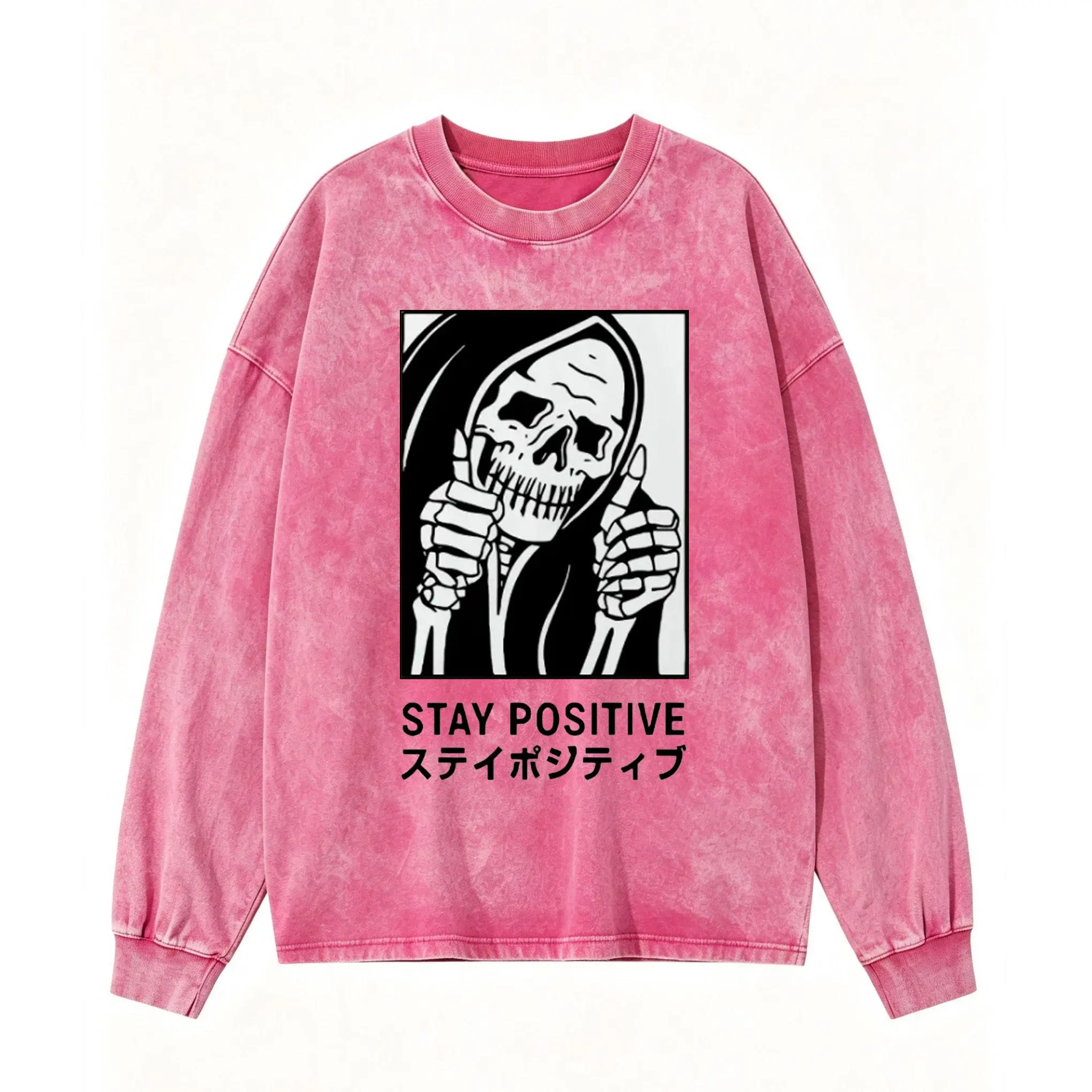 Stay Positive Grim Reaper Sweatshirt, Pink Acid Wash Skeleton Thumbs Up Shirt, Japanese Katakana Long Sleeve, Pastel Goth Top,Funny Sarcastic Mental Health Long Sleeve, Halloween Alt Gift