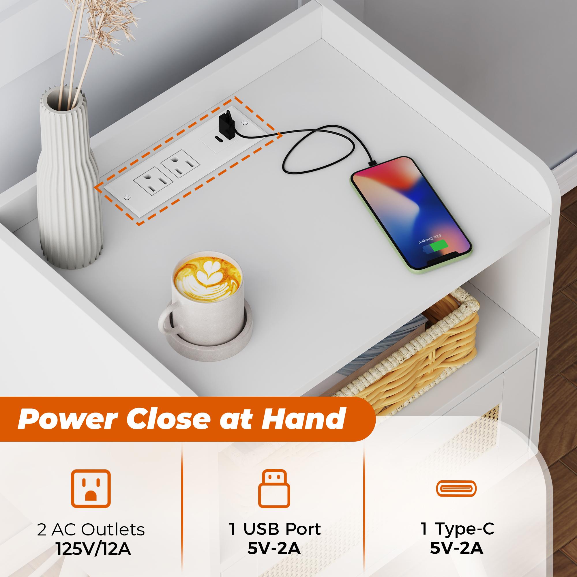 SUPERJARE Nightstands Set of 2, Night Stands with Charging Station & PE Rattan Decor Drawer, Bed Side Tables with Solid Wood Feet, End Table, for Bedroom, Living Room