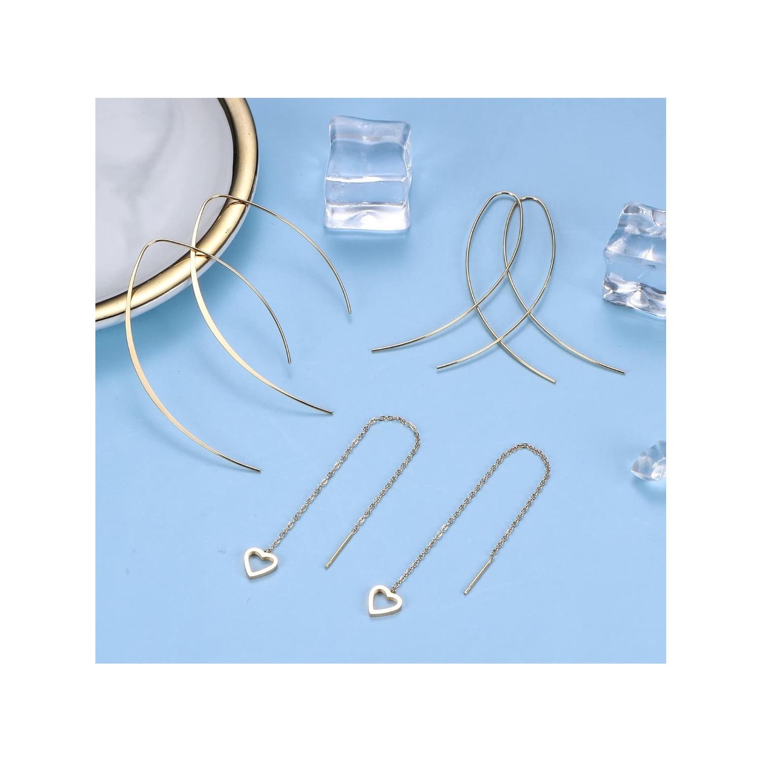 9 Pairs Threader Earrings for Women Pull Through Earrings Long Tassel Chain Earrings Weird Heart Dangle Drop Chain Earrings Set