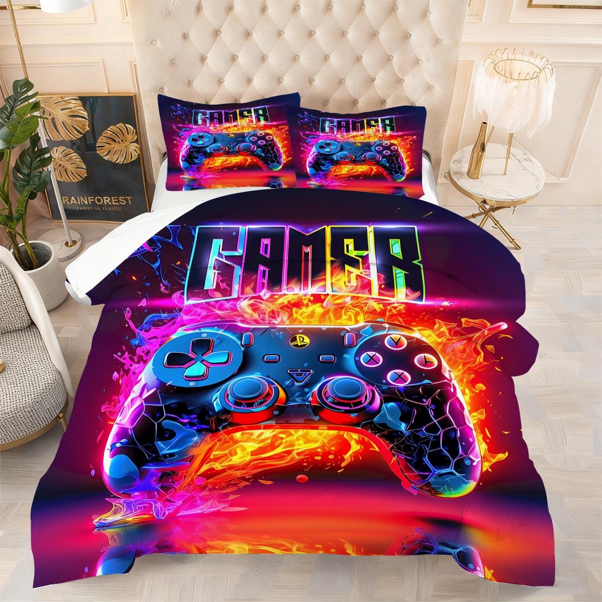 Futuristic and Energetic Gaming Controller 2/3pcs Comforter Set, Flame and Neon Light Effects Create a Dynamic and Dynamic Bedding Set, Soft and Comfortable, Personalized and Vibrant Style,Adding Allure and Fun 1 or 2 Pillowcase No Pillow Core.