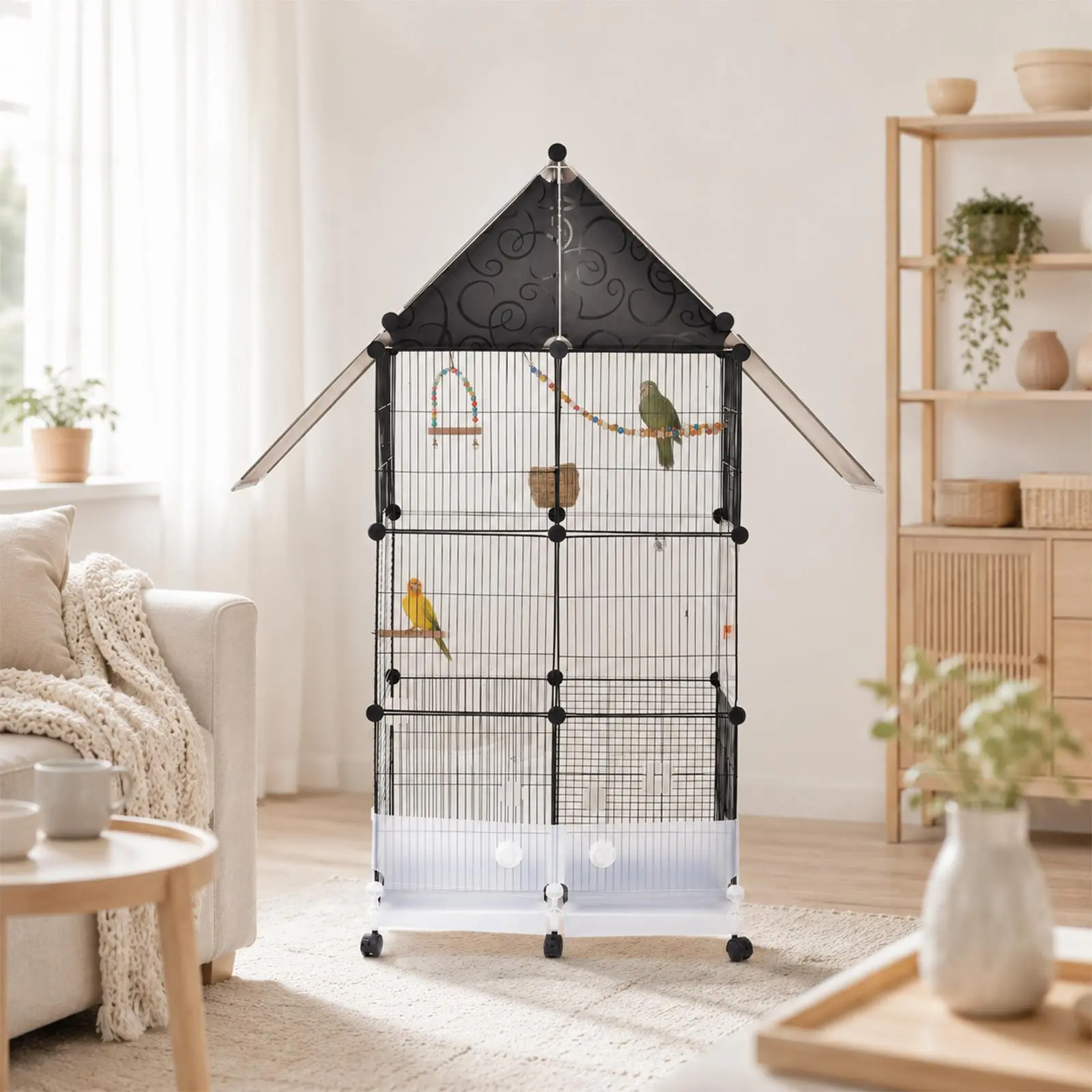 61.8" Large Bird Cage for Parakeets, Macaws & Conures, Rolling Stand with Storage Shelf, Removable Tray for Easy Cleaning, Includes Feeders, Perches, Swing & Ladder