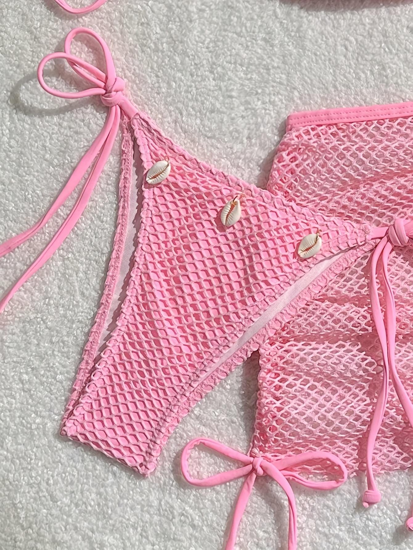 3pcs Bikini Set, Fresh Pink Color Scheme + Honeycomb Mesh Texture Fabric + Shell Decoration + Neck Triangle Cup, Split Bikini 3pcs Set, Pink Mesh Bikini 3pcs Set, Shell Decoration Neck Swimsuit,crystals bikini,thong bikini,chic design,mesh top,sport bra