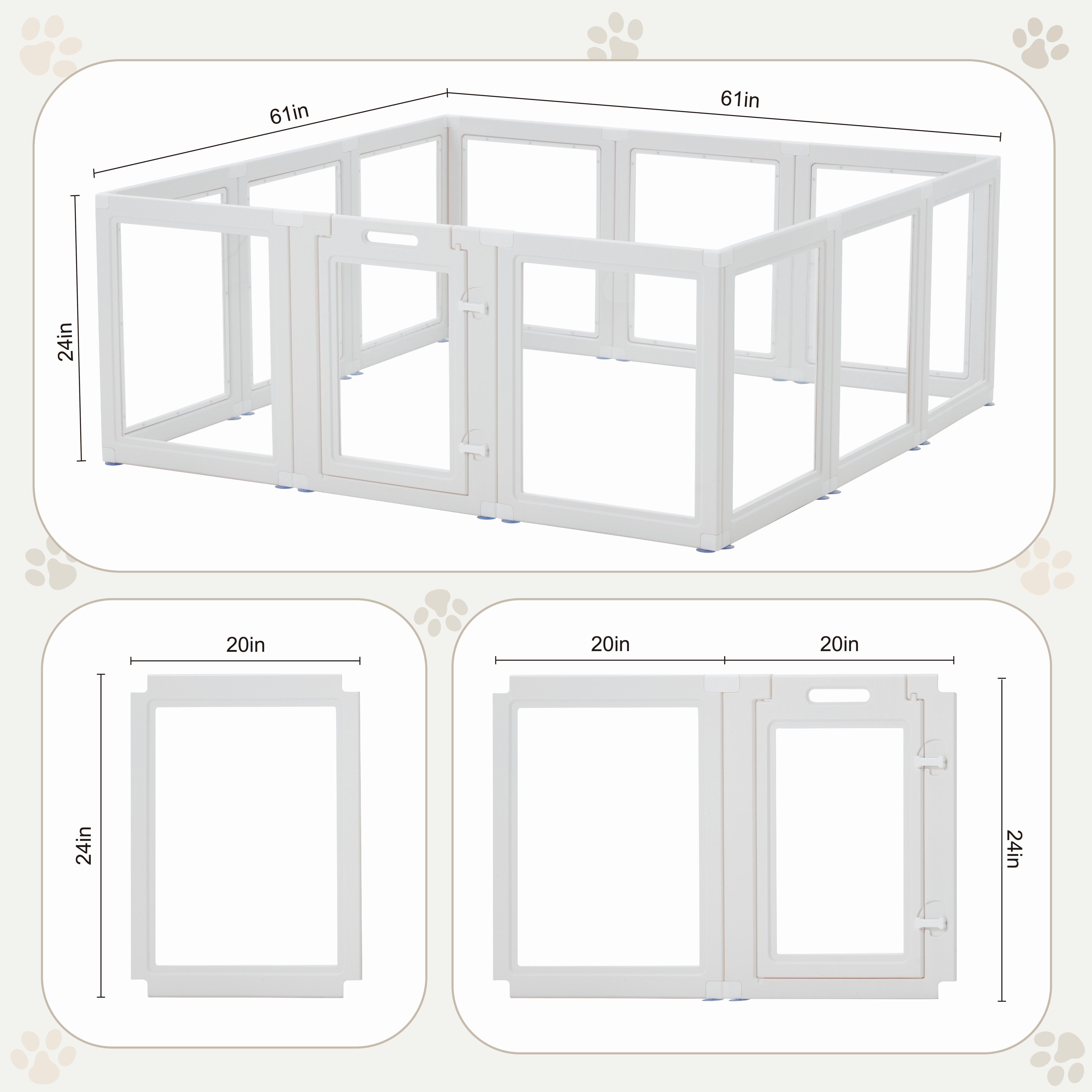 Transparent Pet Playpen, 8/12/16-Panel Pet fence with Door,  Indoor Dog Pen, 41*41*24/61*61*24, Foldable, White