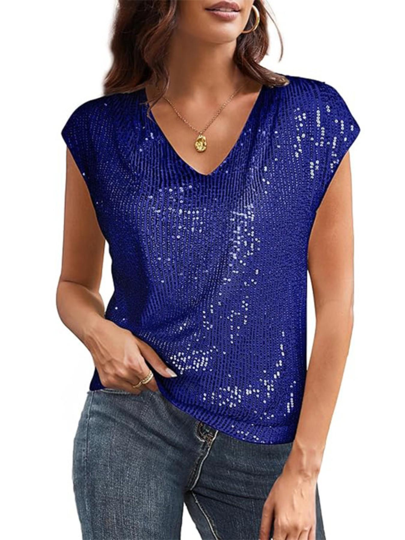 Women's V Neck Sequined Short Sleeve Top, Sparkling Backless Party Shirt, Stylish Casual Wear for Women, Perfect for Parties and Events
