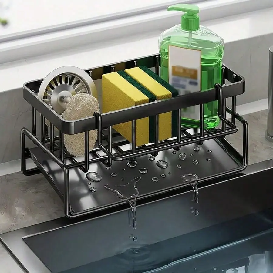 Kitchen Sink Sponge Rack | Sink Storage Rack With High Brush Rack | Essential For Kitchen Countertop Storage And Organization | Soap Dispenser Storage Rack
