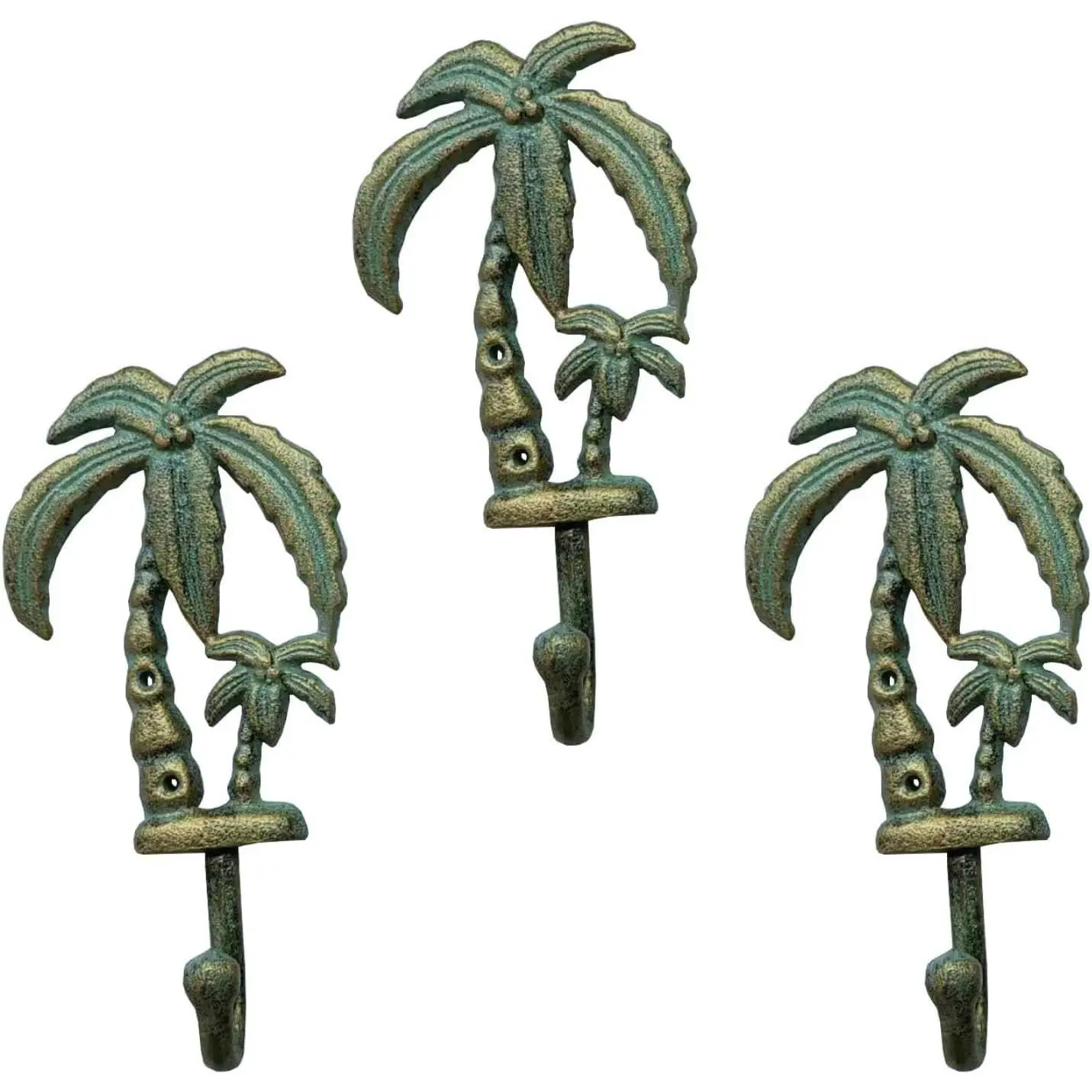 Cast Iron Palm Tree Wall Hooks - Rustic Black Finish - Decorative Hooks for Wall, Coats, Towels, Bags - Tropical Home Decor - Vintage and Unique Design - Set of 3 8" x 4"
