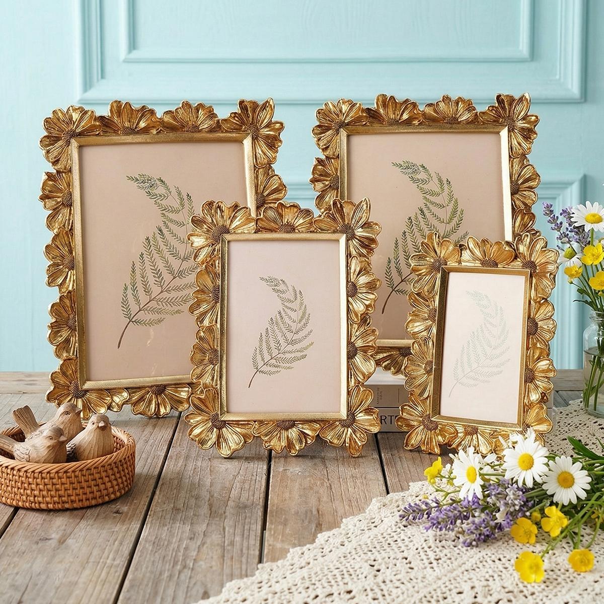 European Style Daisy Flower Pattern Frame, Resin Hand-Painted Photo Display, Indoor Desktop Decor, Wedding, Party Decoration