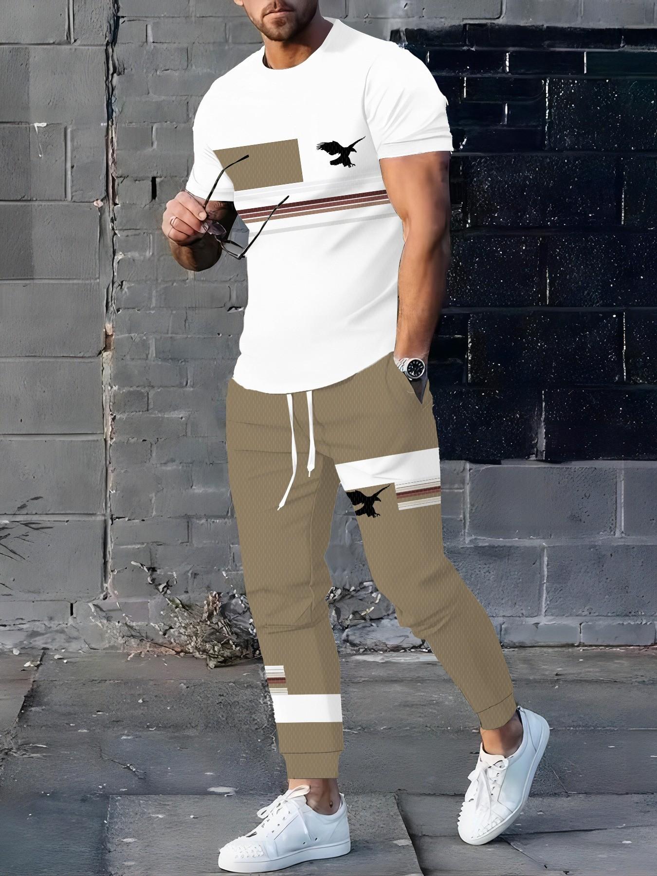 Men's Eagle Flag Striped Two-Piece Set, Casual Short Sleeve Tee and Drawstring Jogger Pants, Streetwear Summer Sports
