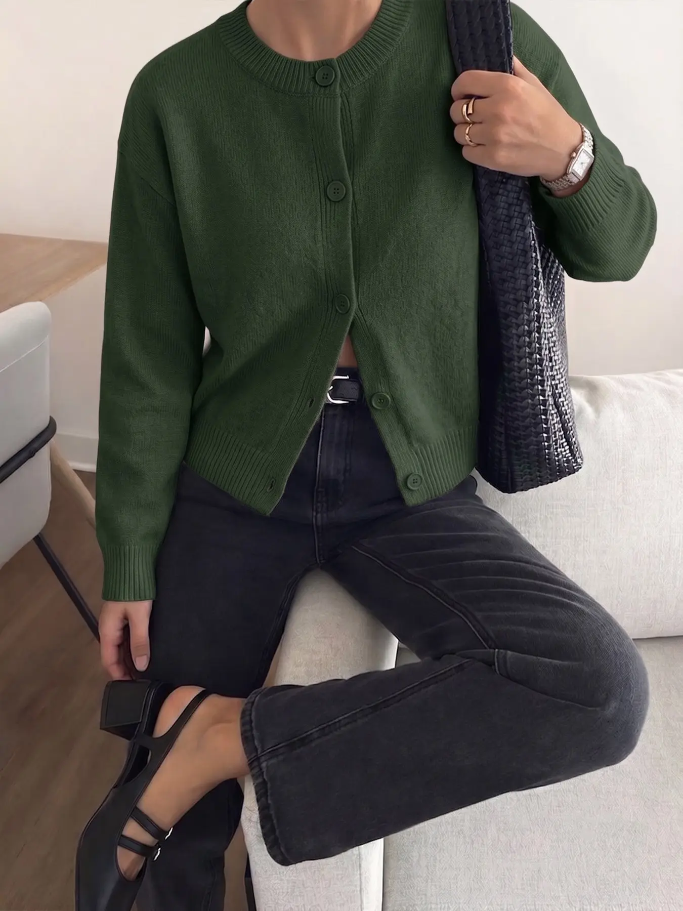 Elegant Women's Fall Winter Fashion Casual Home Office Commute Basic Simple Loose Solid Knit Button Front Shirt Round Neck Long Sleeve Sweater Coat Top Knitwear