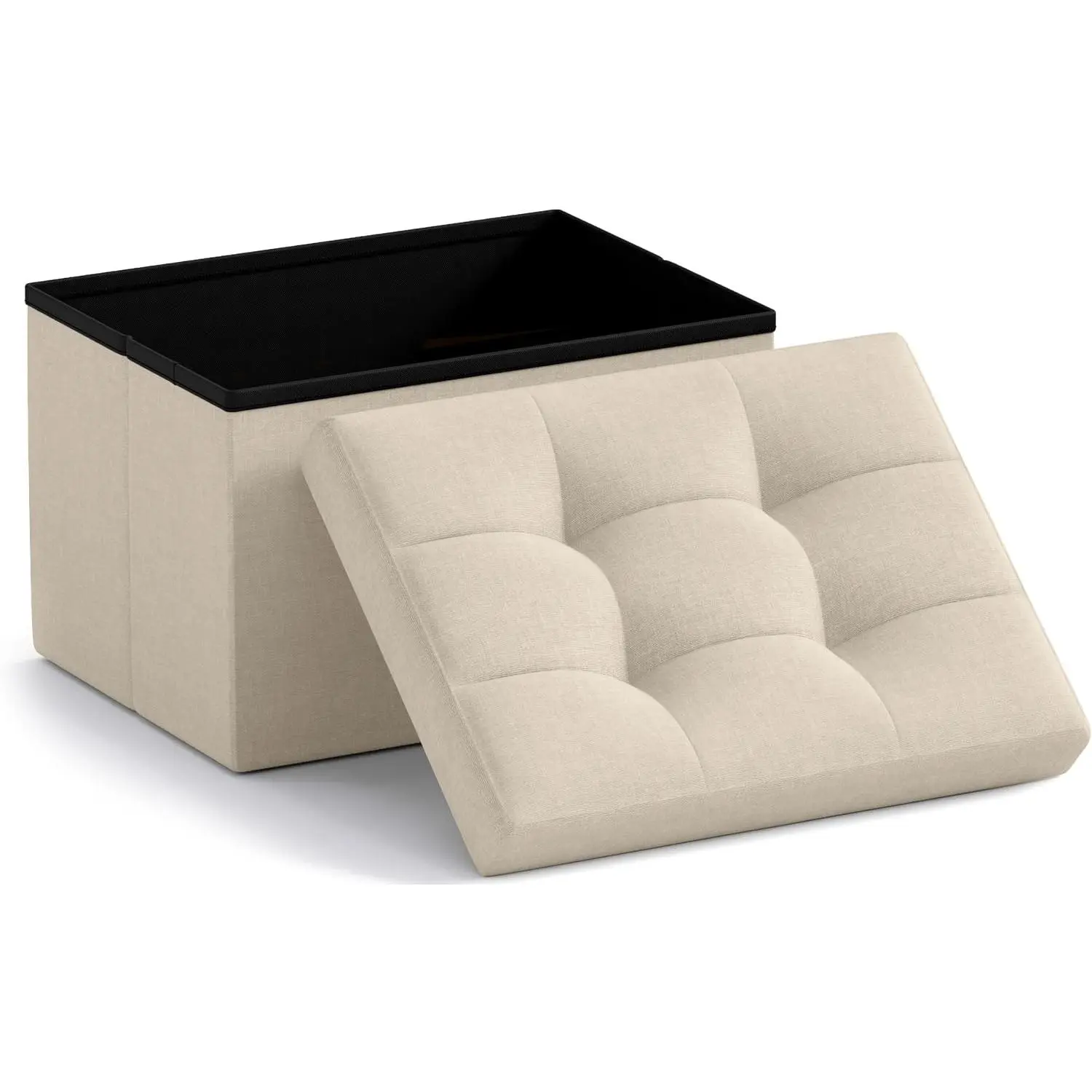 Small Rectangle Storage Ottoman, Linen, 12x16x12, Beige | Collapsible Cube Design; Foot Rest Stool Seat; Ideal for Living Room, Bedroom, Home Office or Dorm