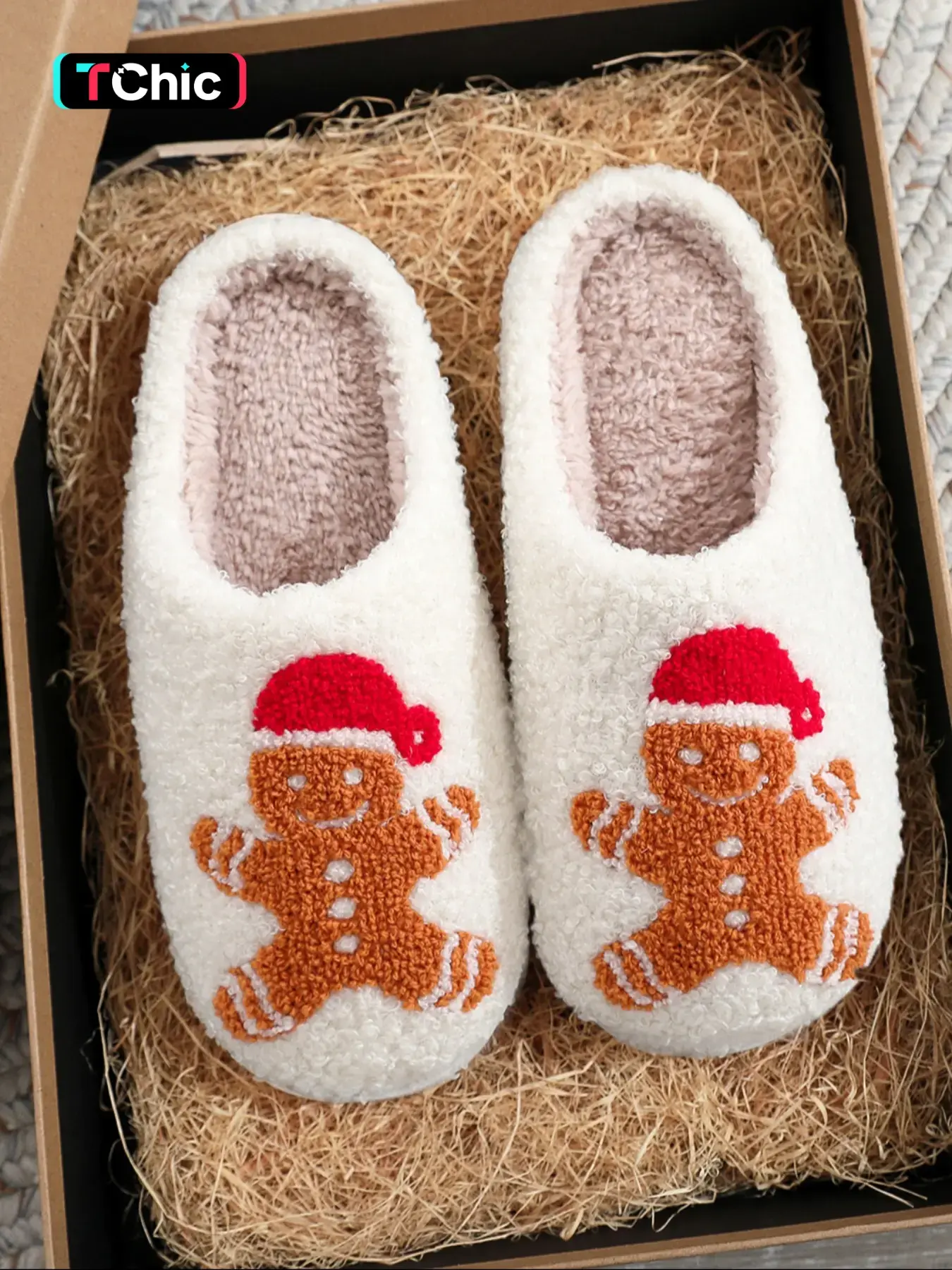 Christmas Plush Slippers, House Slippers, Creative Gingerbread Embroidery Design, Warm Indoor Outdoor Non-Slip Shoes for Men Women Fall Winter