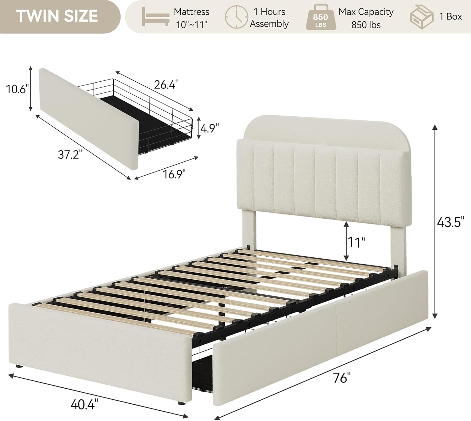 Twin Size Bed Frame with 2 Flexible Drawers, Boucle Upholstered Platform Bed Frame with Bookcase Headboard, Bedframe for Kids/Girls, Easy Assembly, No Box Spring Needed, Noise Free Twin Size Bed Frame with 2 Flexible Drawers, Boucle Upholstered Platform Bed Frame with Bookcase Headboard, Bedframe for Kids/Girls, Easy Assembly, No Box Spring Needed, Noise Free