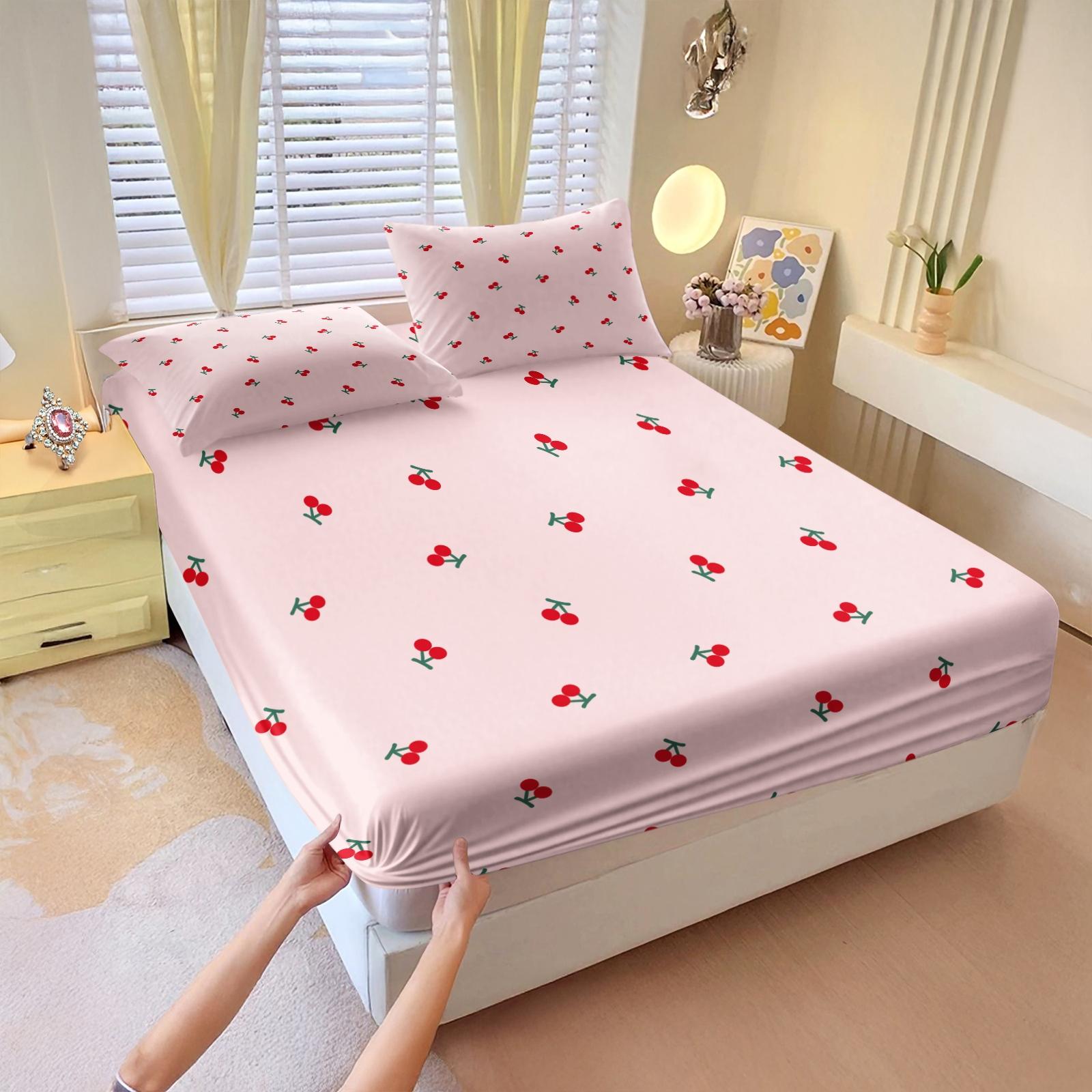 3 Pcs Compact Cherry Pattern Printed Bed Sheet Set,Includes 1 Fitted Sheet & 2 Pillowcases without Filler,Cute and charming design, soft and comfortable, suitable for all seasons,A perfect gift for children and teenagers, multiple styles available.
