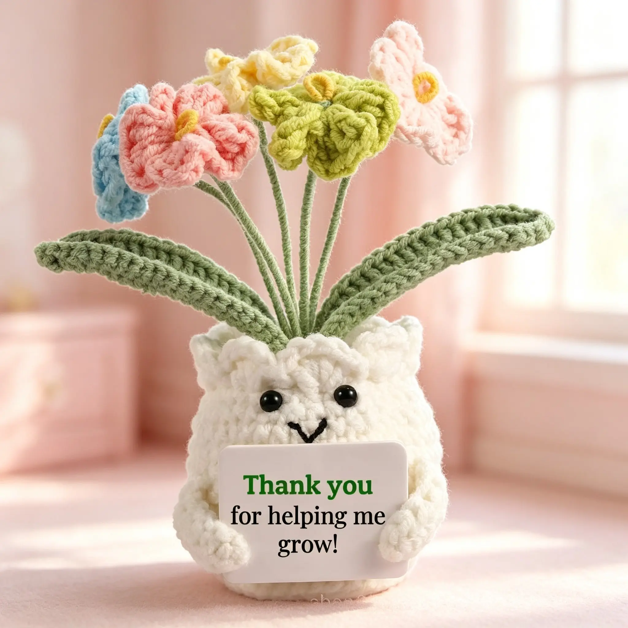 Inspiration Potted Plant Desktop Decor, Handmade Crochet Flowers, Unique Mini Plant Gift, Encouragement Card Included