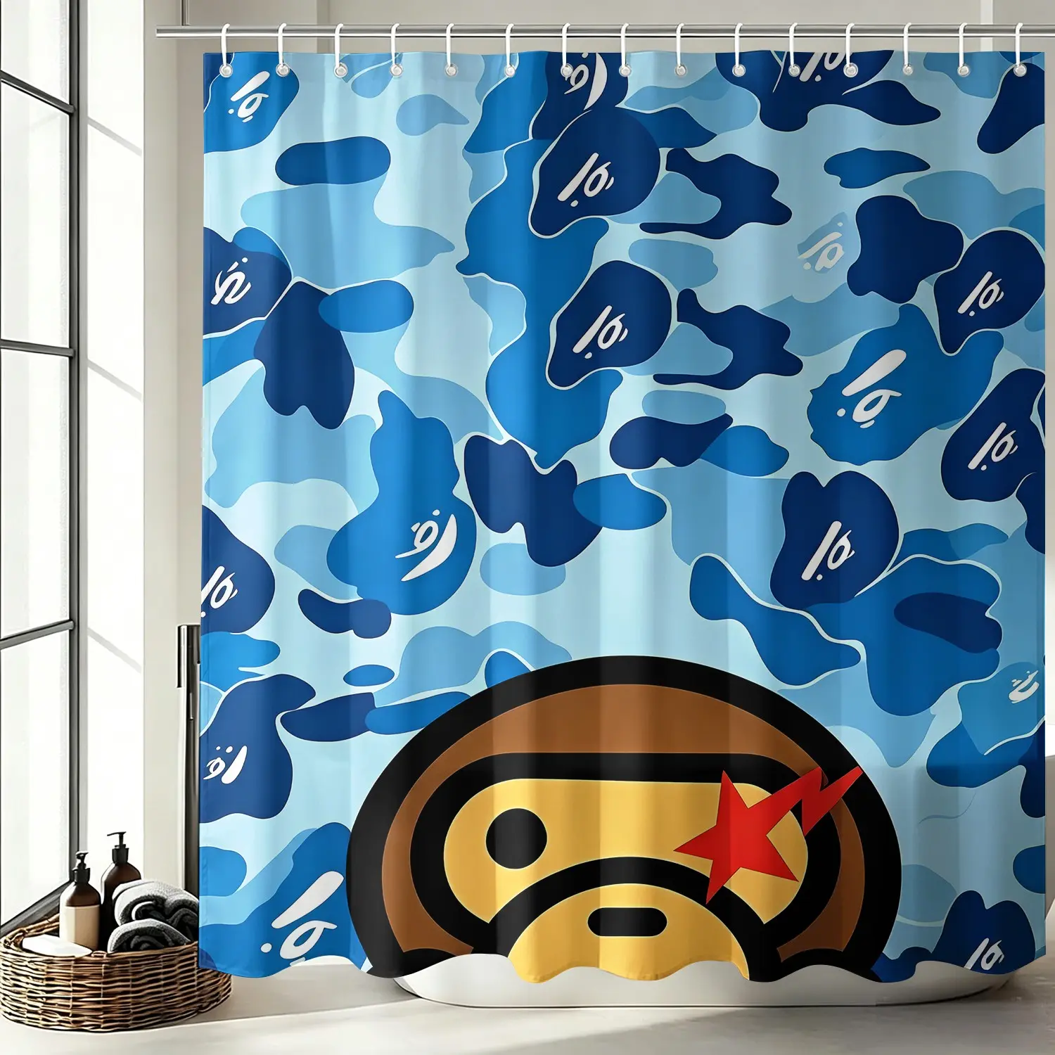 Classic Blue Camo Digital Print Shower Curtain; Waterproof Bath Curtain with 12 Hooks; Hip Hop Camouflage Monkey Head Pattern Washable Bathroom Curtain, Decor Accessory for Dorm, RV, Lake House, Beach House, Cabin, Bathroom Shower Curtains