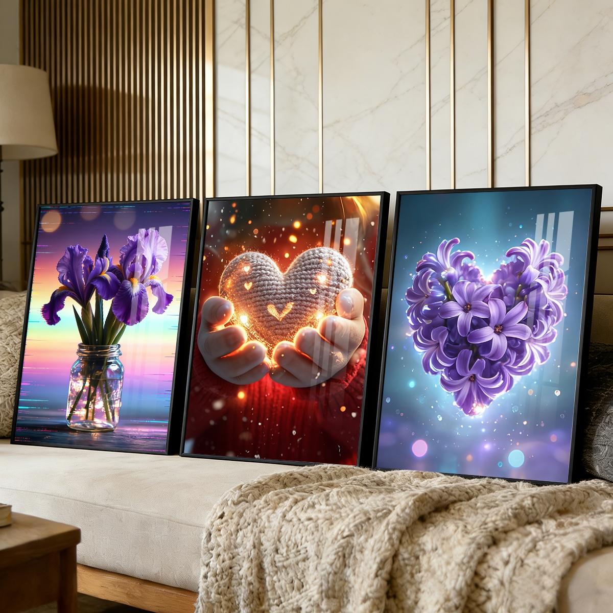 3 Counts Aluminum Alloy Framed Painting, Purple Irises And Glowing Heart Flower Art Pictures, Home Decoration For Living Room, Bedroom, Office, Restaurant, Hallway Wall Decor, Odorless Print Artwork, Luxury Perfect Gift For Friends And Family
