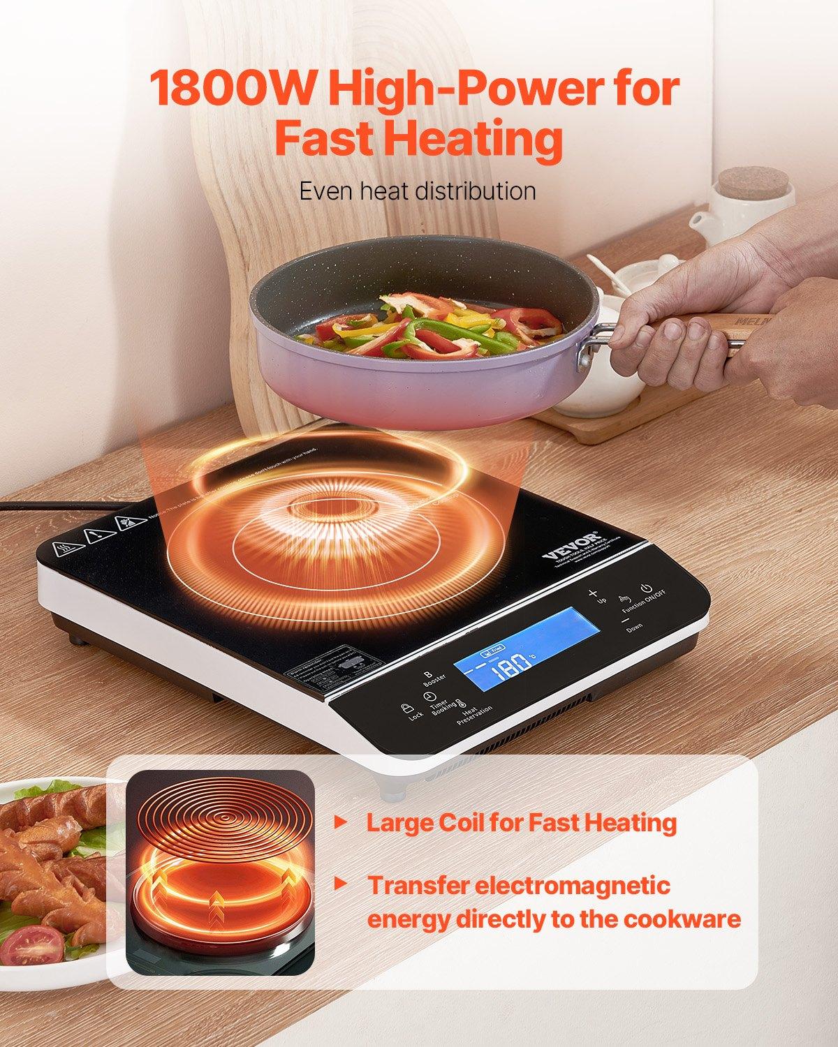 VEVOR Portable Induction Cooktop, 1800W Electric Induction Burner with 9 Temperature Settings, Countertop Induction Hot Plate with 4H Timer, 24H Reservation, Child Lock, Easy to Clean, for Cooking