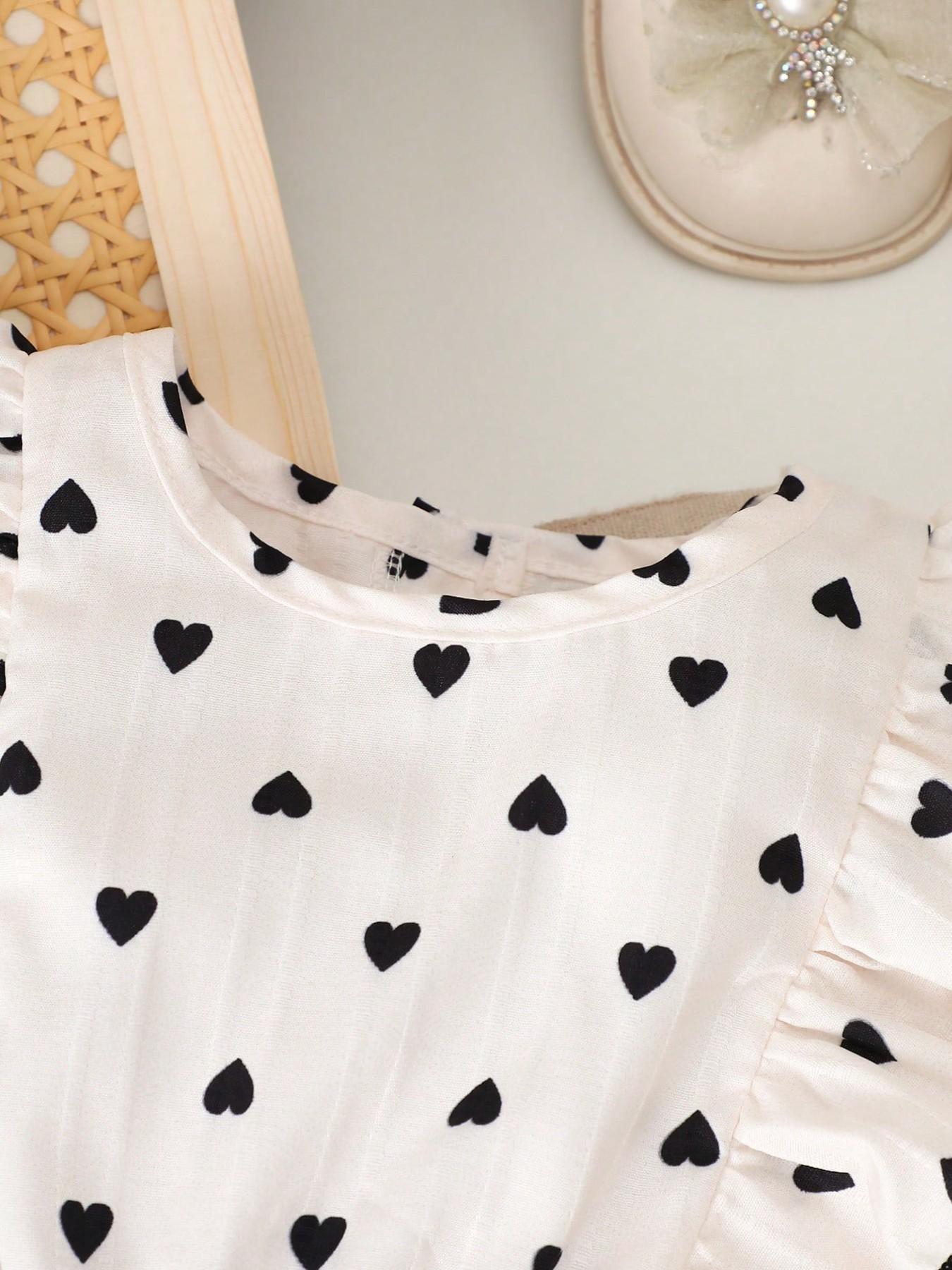 Baby Girl Summer Sleeveless Jumpsuit with Hat, Heart Print, Cute Round Neck Ruffle, Perfect for Outdoor, Festival, Daily Wear