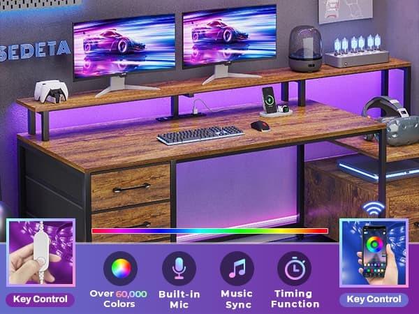 Sikaic 66 Inches LED Gaming Desk With File Drawer Power Outlet Printer Cabinet And Monitor Shelf Brown