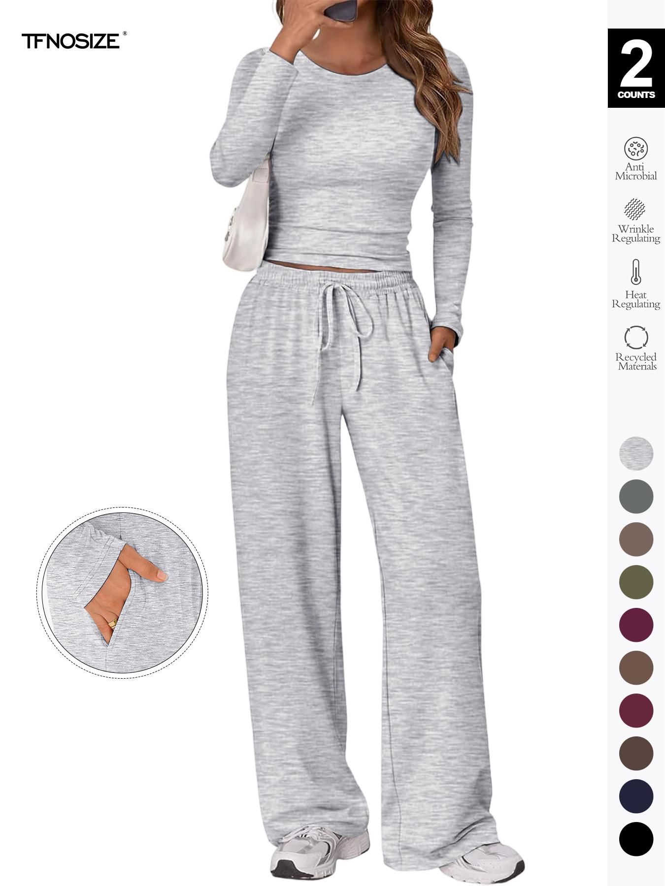 Women's 2-Piece Matching Lounge Set, Long Sleeve Slightly Cropped Top & Wide Leg Pants, Casual Sweatsuit for Fall & Winter