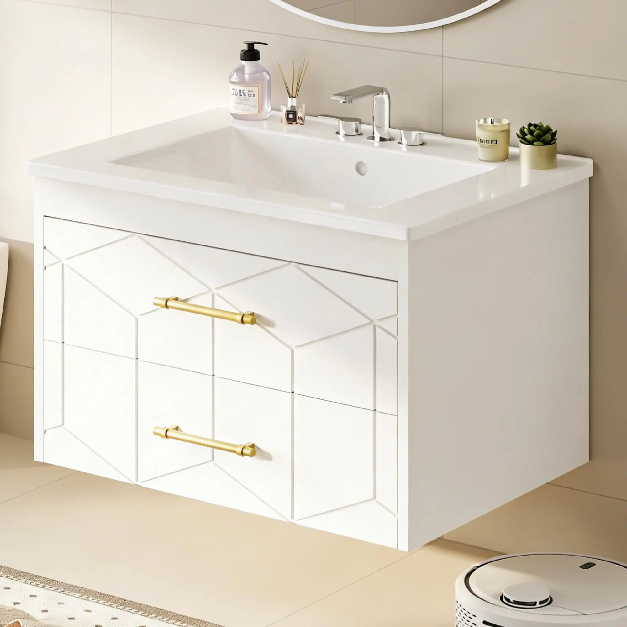 GARVEE 30-Inch Floating Bathroom Vanity with Ceramic Sink, Modern White Sink Cabinet Featuring 2 Large Storage Drawers with Elegant Gold Metal Handles, Easy Assembly