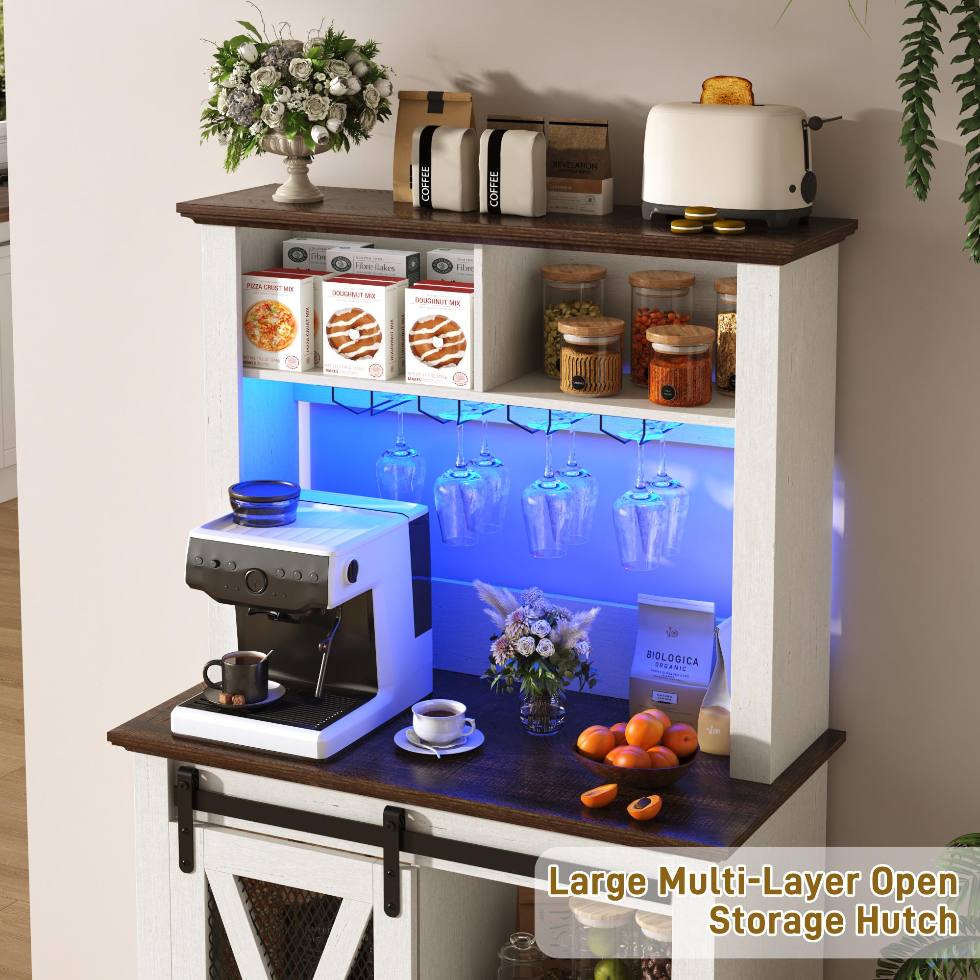 63"W/47"W/31.5"W Farmhouse Coffee Bar Cabinet with LED Light,Wine Bar Cabinet w/ Tier Storage Hutch,Kitchen Buffet Cabinet w/Sliding Barn Door & Wine and Glass Racks for Kitchen Dining Room(Brown/Antique White/Dark Rustic Oak)