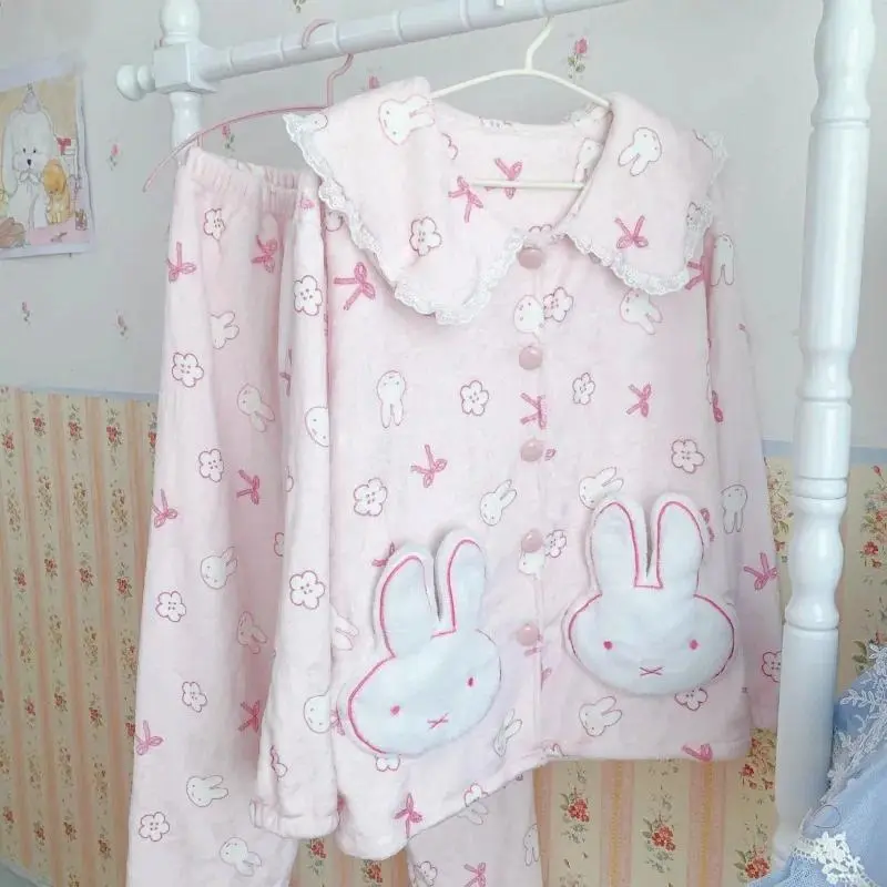 Kawaii Miffy Flannel Pajama Set for Women - Cozy Cartoon Bunny Winter Sleepwear Sweetheart Girly Loungewear with Plush Pockets