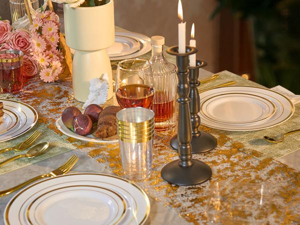 Kerilyn 350/700 Pieces Gold Dinnerware Set - 100 Guests Clear Disposable Dinnerware Set for Party, Wedding, Include: 200 Clear Plates with Gold Trim, 100 Cups, 100 Napkins, 100 Plastic Silverware Sets