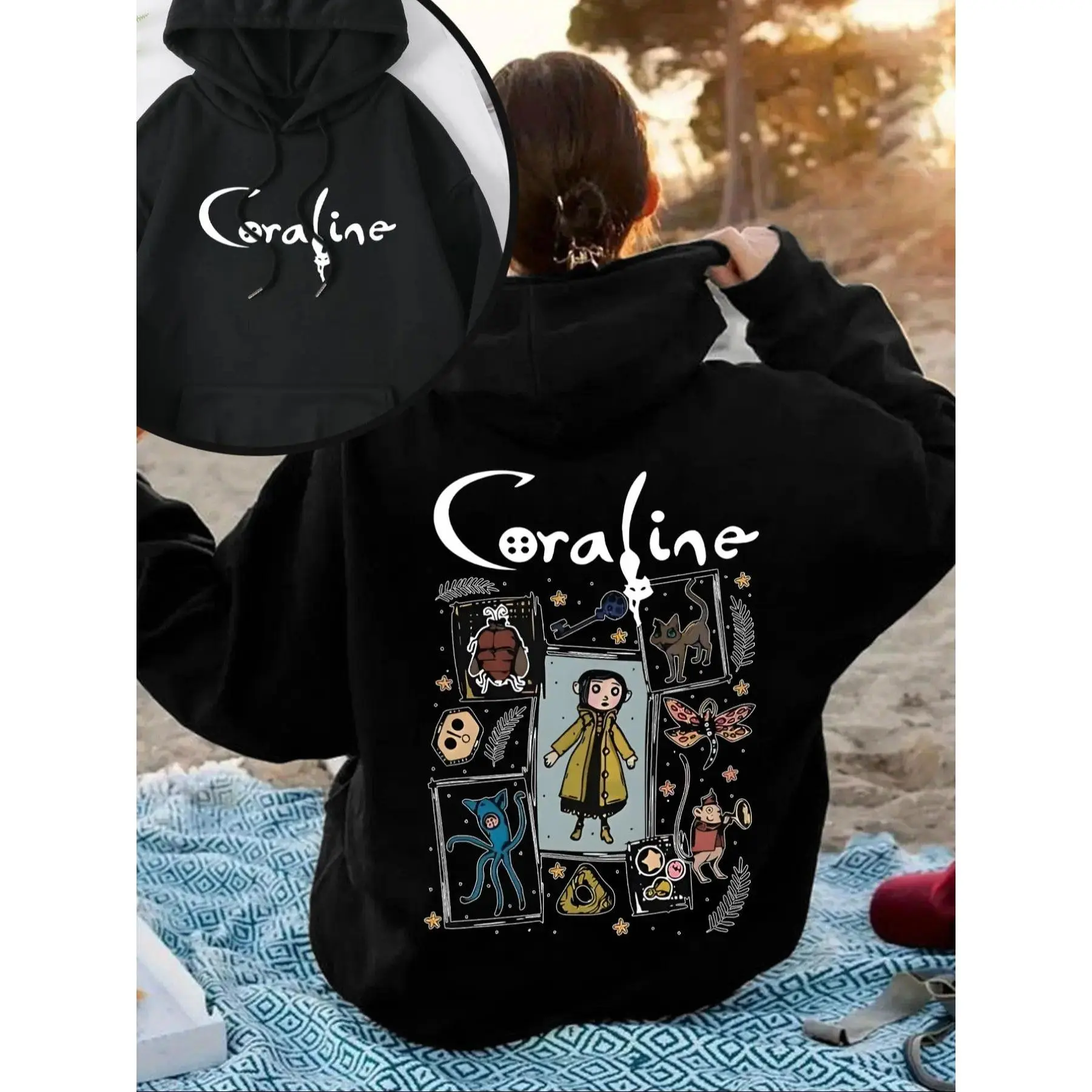 Coraline Double-Sided Oversized Everyday Essential Casual Fitted Knit Long Sleeve Hoodie Sweatshirt Pullover - Women's Black Graphic Hoodie with Front & Back Movie-Inspired Prints Double Printed Hoodie Casual Streetwear Hoodies