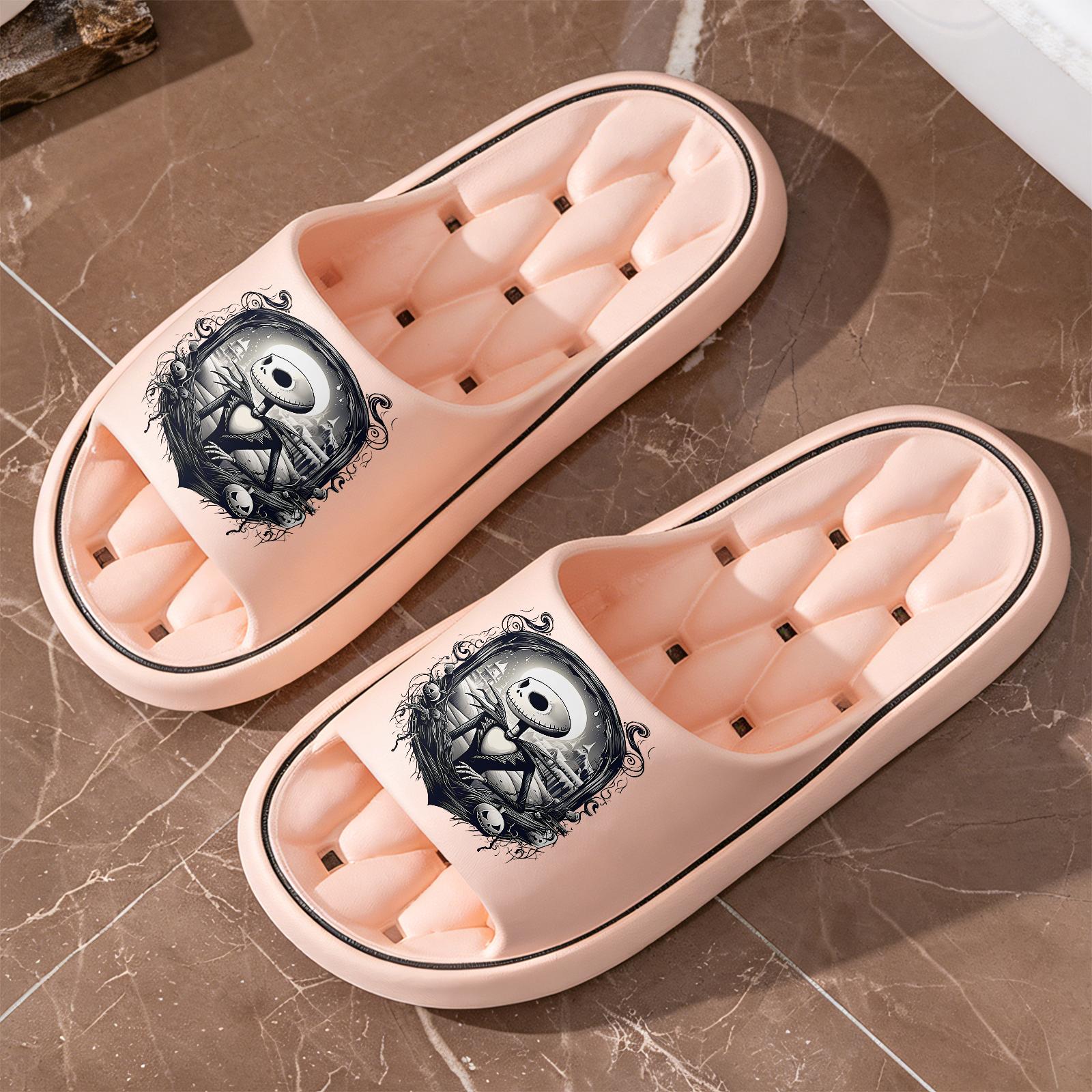 Halloween The Nightmare Before Christmas Jack Skellington Print Slippers Unisex Soft Sole Slides For Indoor And Outdoor Wear Halloween Party Cosplay Footwear Comfortable Non Slip Dark Style Casual Slipp