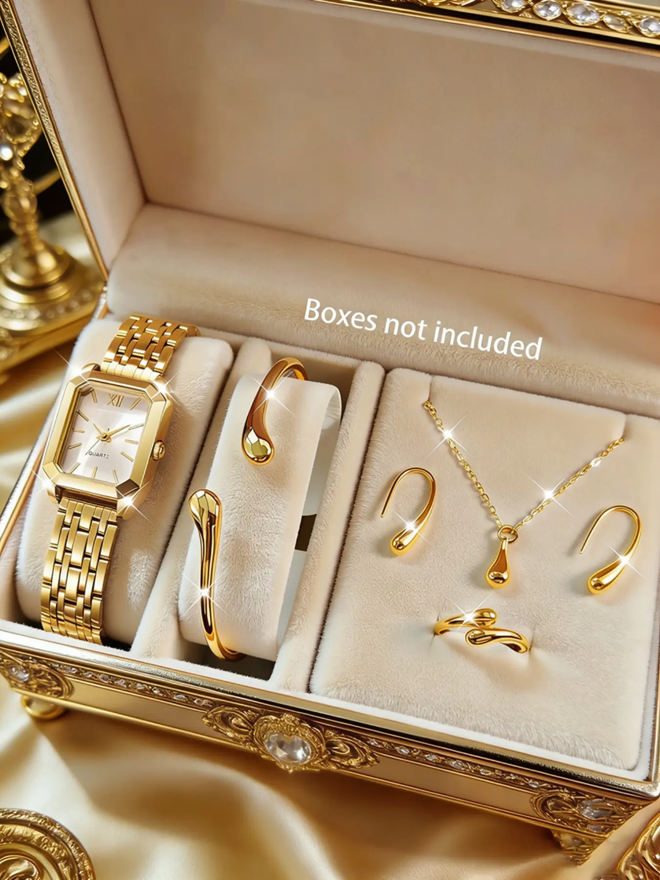 Elegant Quartz Watch Matching Jewelry Set with Bracelet Necklace Ring, Stainless Steel Band, Perfect Gift for Women, All Seasons Wear, Trendy Watch Set, Fashionable Jewelry Set