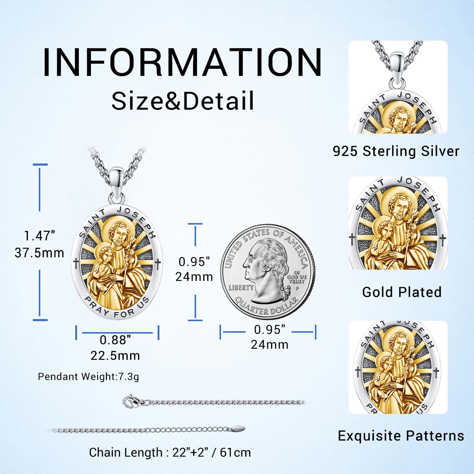 DRINSPER St Joseph Necklace 925 Sterling Silver Pendant Saint Joseph the Foster Father of Jesus Christ Patron Saint of Carpenter and Family Daily Wear Silver Jewelry Religious Protection Amulet Gift for Men