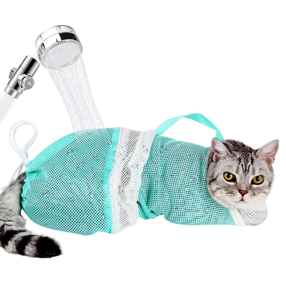 Adjustable Cat Bathing Bag, Anti-Bite & Anti-Scratch Shower Restraint, Breathable Mesh Grooming Bag for Bath, Nail Trimming & Injection
