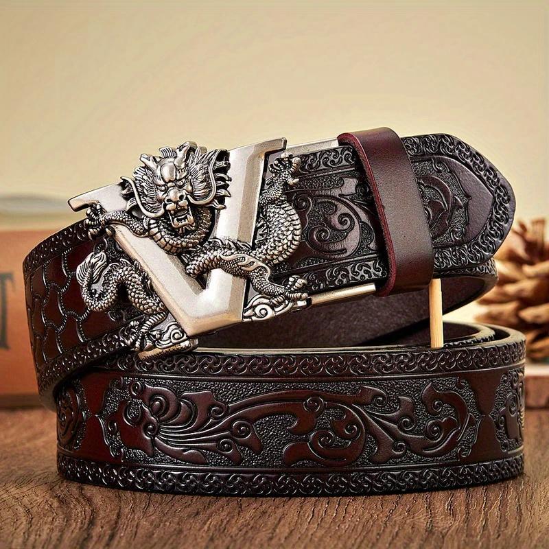 Men's Ratchet Leather Belt Engraved Vintage Dragon Leather Ratchet Belt for Men Eagle Button Belt Adjustable Brown
