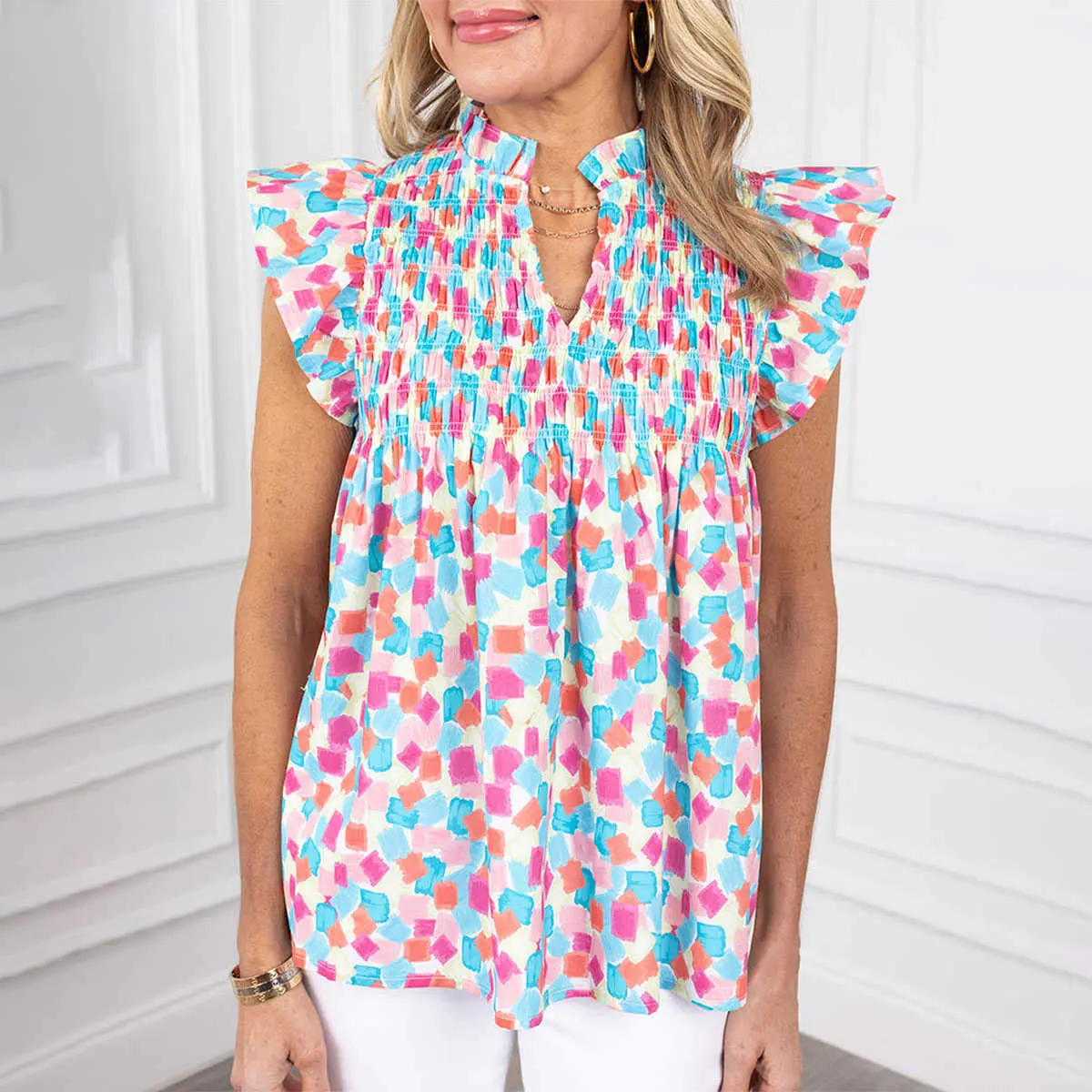Women's Sky Blue Feminine Casual Shirred Yoke Ruffled Abstract Printed Blouse, Versatile Vibe Shirts for Jeans Pairing, Sleeves