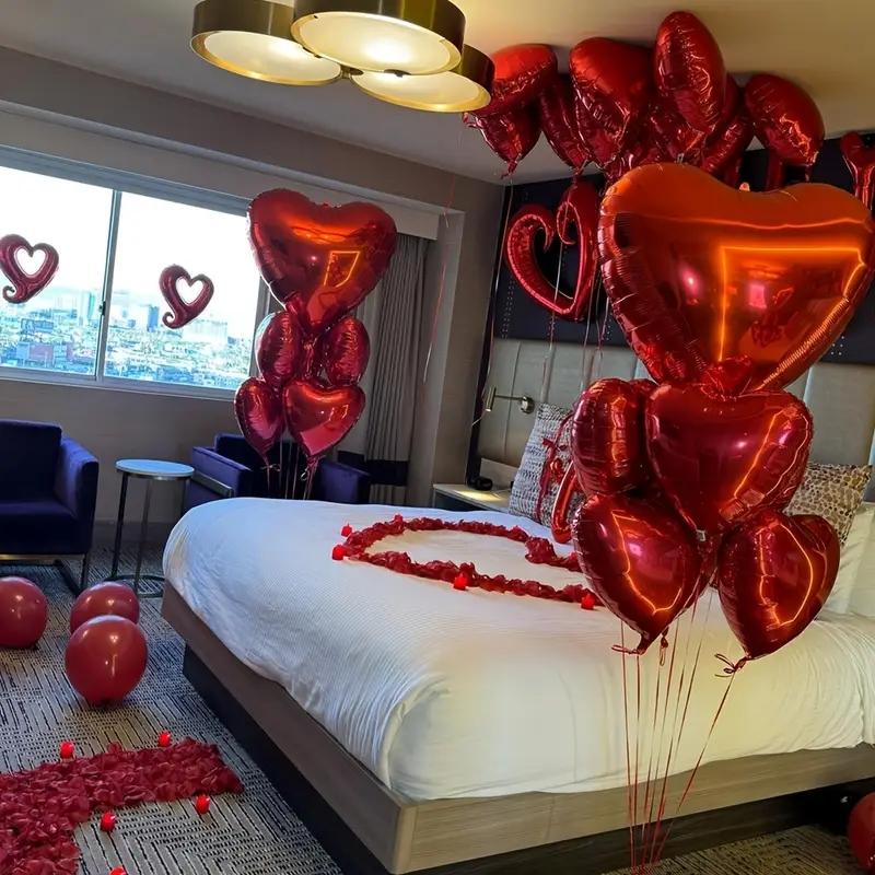Valentine's Day Balloon Decoration Set, Heart Aluminum Foil Balloons with Love Banner and Rose Petals, Romantic Proposal Room Decor