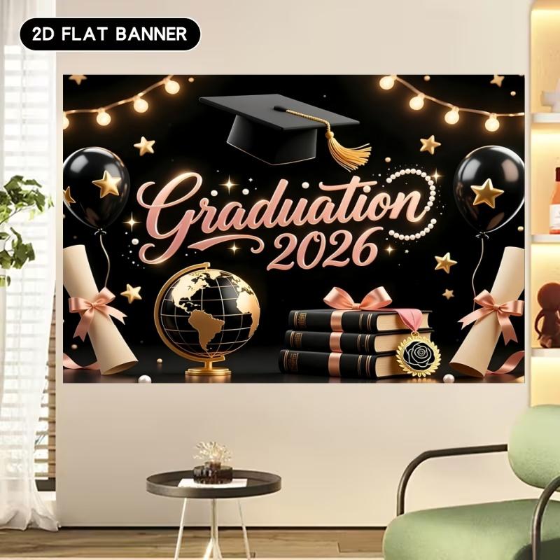 2D Flat Class of 2026 Graduation Decoration Set 1 piece banner + 3 piece door curtain set Polyester material Pink gold bachelor's hat balloon graduation banner 2026 graduation ceremony party photo hanging cloth Campus graduation season atmosphere decorati