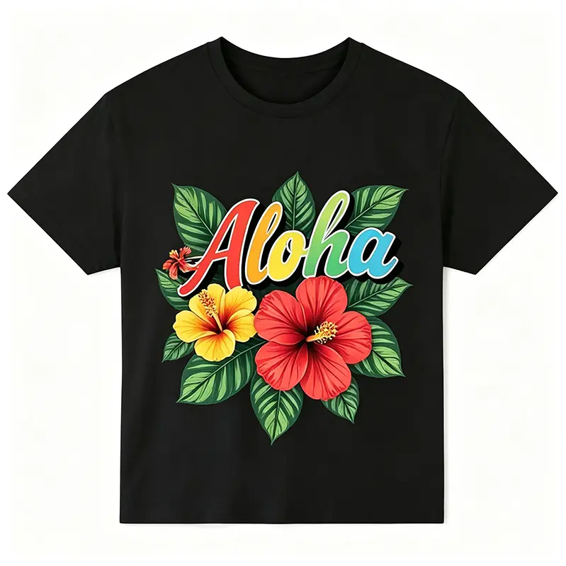 Women’s Hawaiian Aloha Graphic T‑Shirt, Hibiscus & Plumeria Flower Print with Aloha Lettering Crew Neck Short Sleeve Top for Beach & Luau Casual Outfits