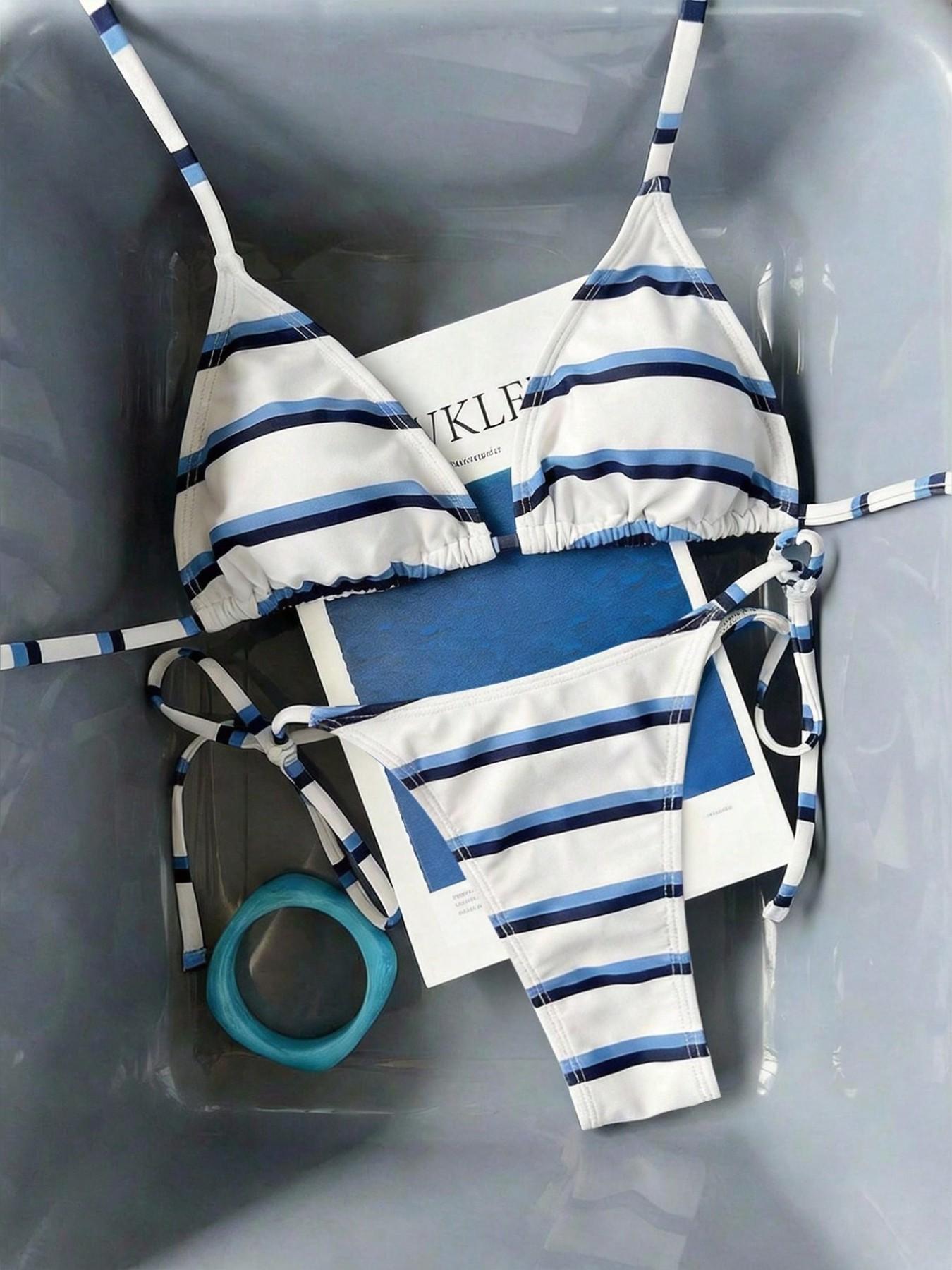 Elegant Sexy Stripe Print Bikini, Two Piece Split Swimsuit, European Style, Ideal for Beach, Pool, Parties, All Seasons