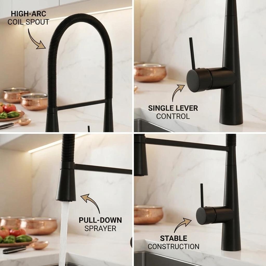 Brass Hot and Cold Water Mixing Faucet, Retractable Showerhead, Modern Design, Matte Finish, 360-Degree Rotation, Kitchen Sink
