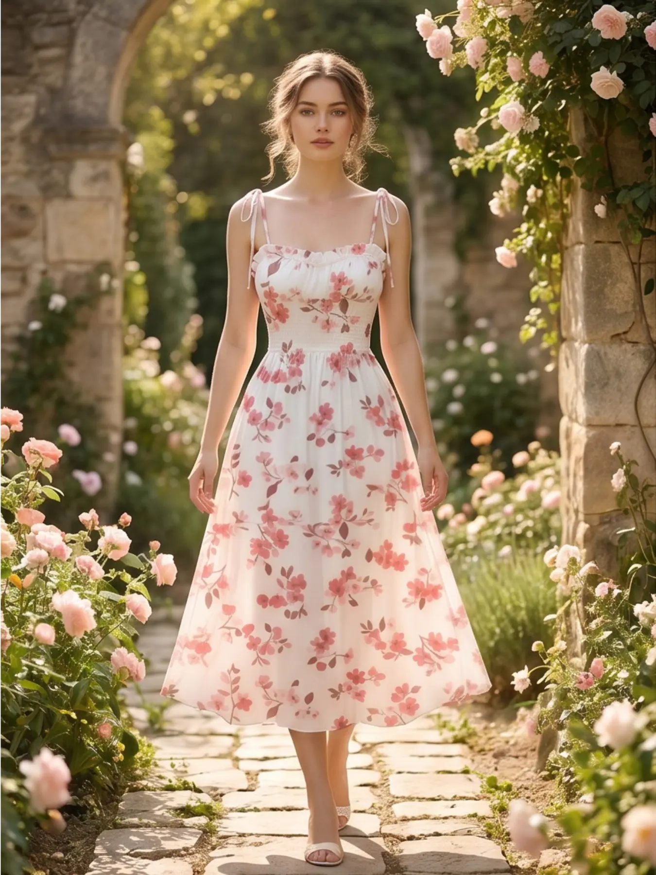 Women's Romantic Floral Midi Dress, Tie Shoulder Straps, Waist Cinch, A-Line Flowy Beach Vacation Dress, Elegant Summer