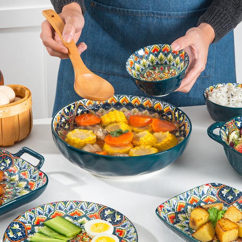 4-Piece Bohemian Ceramic Tableware Set, Hand-Drawn Ethnic Style Bowls and Plates, Creative Home Dining Essentials, Ceramic Dinnerware Sets, Non-Bone China