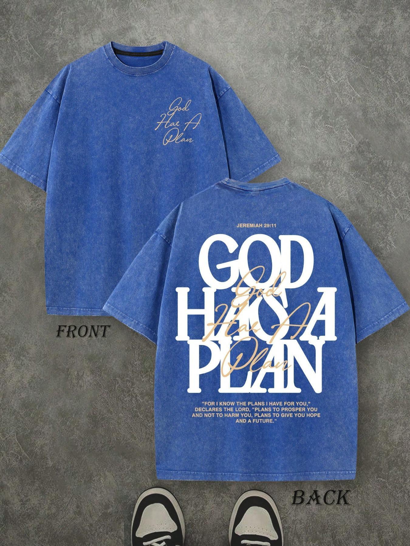 Men's Vintage Washed T-Shirt, Dual-Sided Print, 230 Pure Cotton Material, God Has His Own Plan Letter Print, Casual Street Style